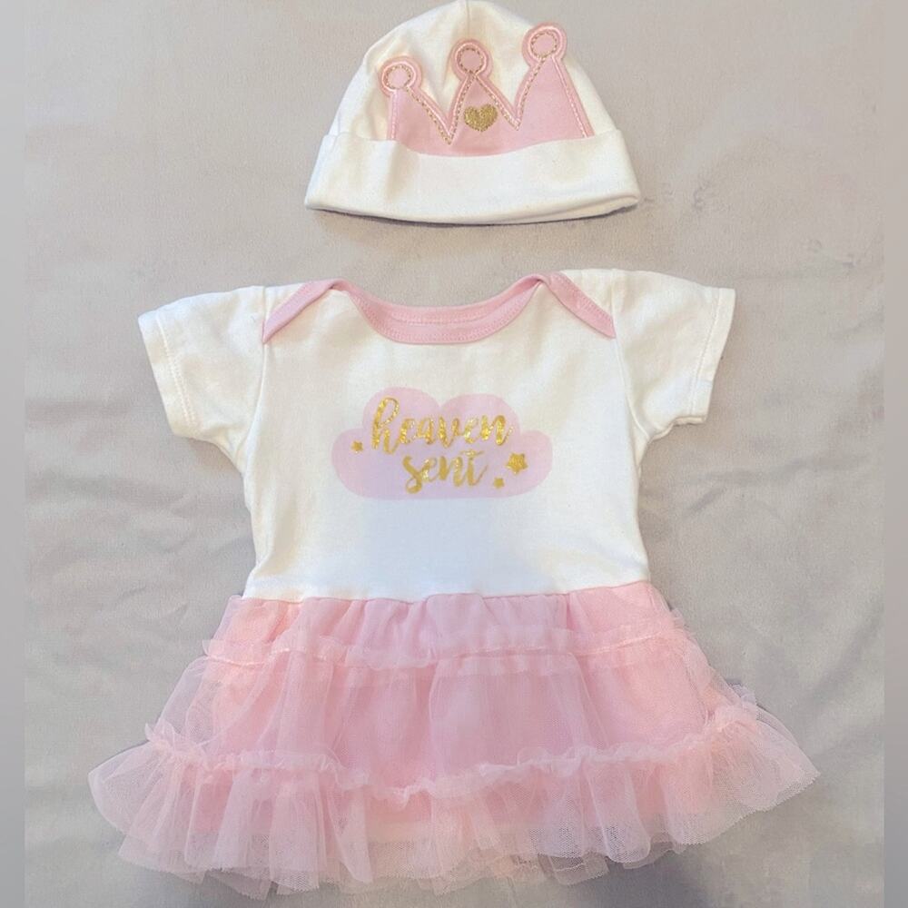 Gerber Baby Tutu Onesie Dress With Hat Heaven Sent Print White Pink 0-3 Months